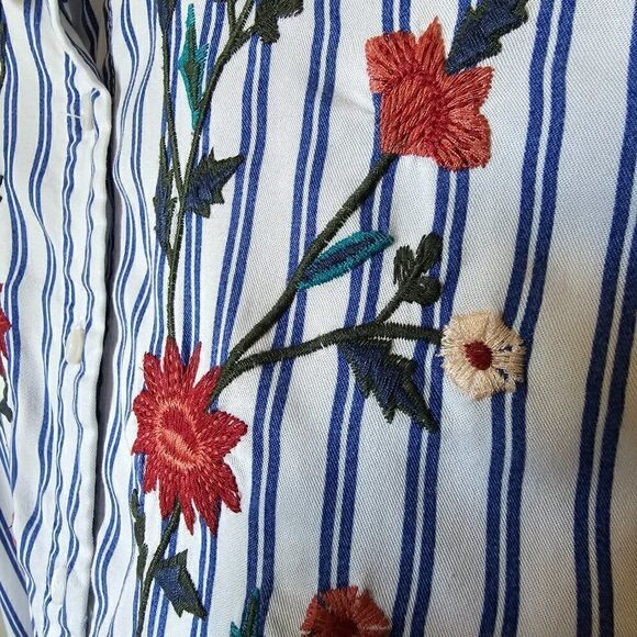 EUC LIKE NEW TERRE BLUE 100% LYOCELL STRIPED EMBROIDERED BUTTON DOWN DRESS SZ L - Picture 5 of 16